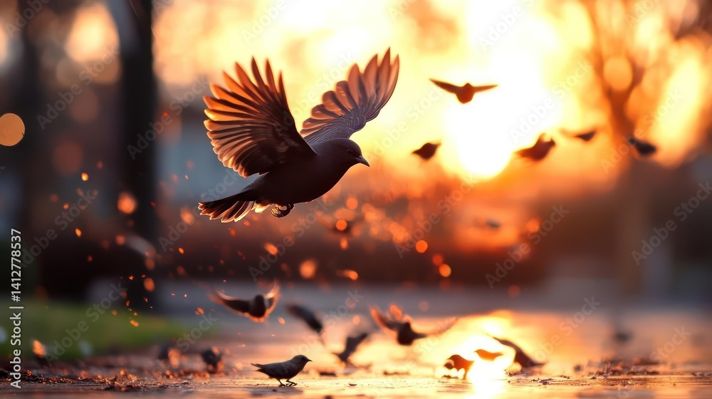 Poster flock of birds taking off into a vibrant sunset with bokeh lights in the background. focus is on the