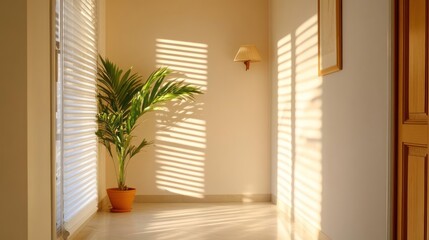 Indoor shot of a foyer with a potted palm plant bathed in warm sunlight filtering through blinds, casting striped shadows on the walls and floor. A simple sconce and framed print accent the