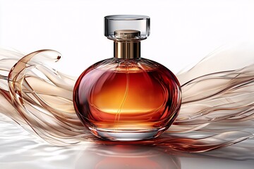 An exquisite perfume bottle with a warm amber hue, surrounded by gentle flowing waves, evoking luxury, allure, and sophistication in fragrance design.