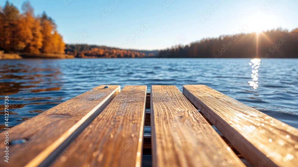 Aufkleber a serene autumn scene featuring a wooden pier extending into a calm lake, with golden sunlight refle