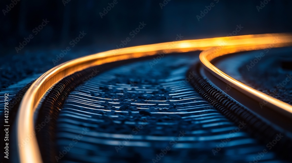 Poster curved railway tracks illuminated at night with glowing lights : generative ai