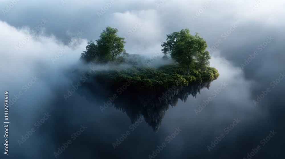 Leinwandbilder a surreal landscape showing a lush, green floating island with trees, shrouded in dense fog and surr