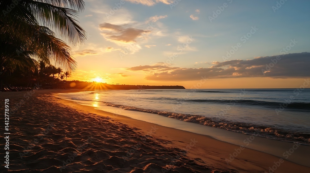 Poster stunning sunset over tropical beach with silhouette of palm trees and calm ocean waves : generative 