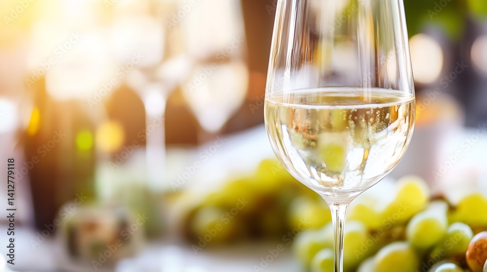 Poster Elegant glass of white wine surrounded by fresh grapes creating a warm and inviting atmosphere : Generative AI