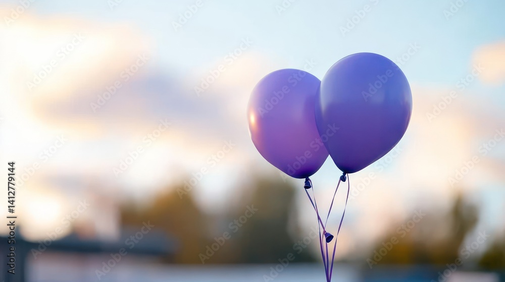 Poster close-up of two purple balloons against a blurred backdrop featuring hints of buildings and leafy tr