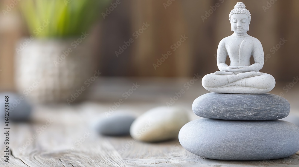 Aufkleber Serene Buddha statue resting on smooth stones creating a peaceful ambiance in a meditative and relaxing setting : Generative AI