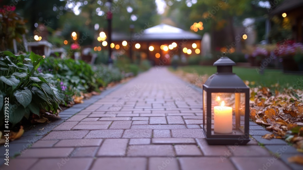 Poster An atmospheric view along a stone pathway adorned with fallen leaves, leading to a blurred gazebo with warm lights. A glowing lantern sits in the foreground, enhancing the cozy and inviting ambiance