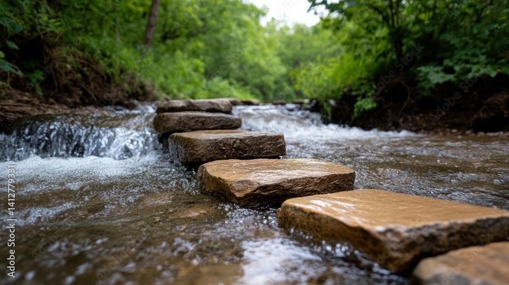 Aufkleber eye-level view of natural stone steps across a shallow stream, surrounded by lush green foliage. wat
