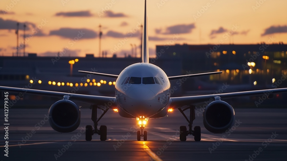Poster airplane taxiing on runway at dusk with city lights in background : generative ai
