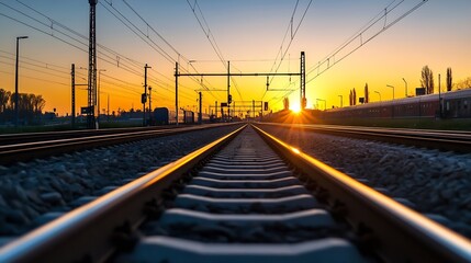 Fototapeta premium Vibrant Sunset Over Train Tracks with a Beautiful Sky in the Background : Generative AI