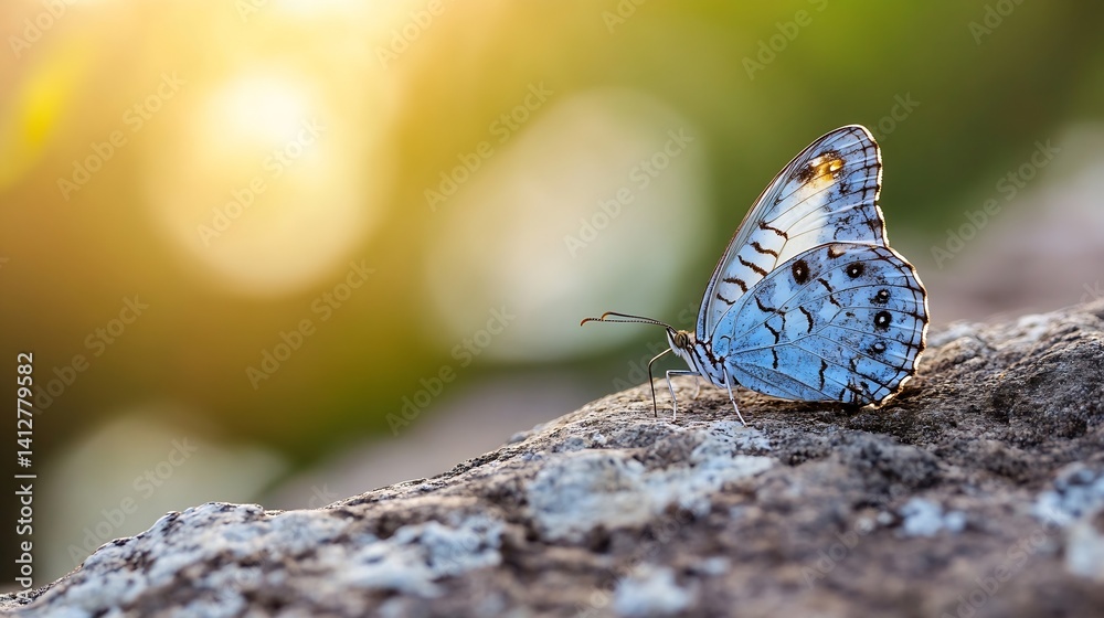 Poster a delicate blue butterfly resting gracefully on a textured rock in soft sunlight : generative ai