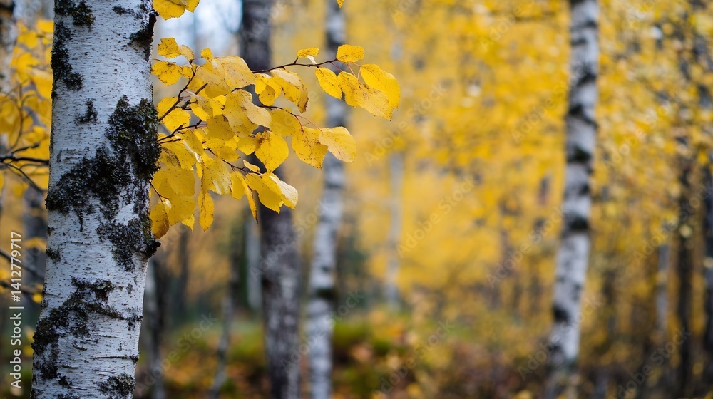 Poster Beautiful autumn birch trees with vibrant yellow leaves creating a serene forest backdrop : Generative AI