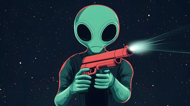 Cartoon Green Alien Extraterrestrial Warrior Holding Futuristic Ray Gun in Outer Space