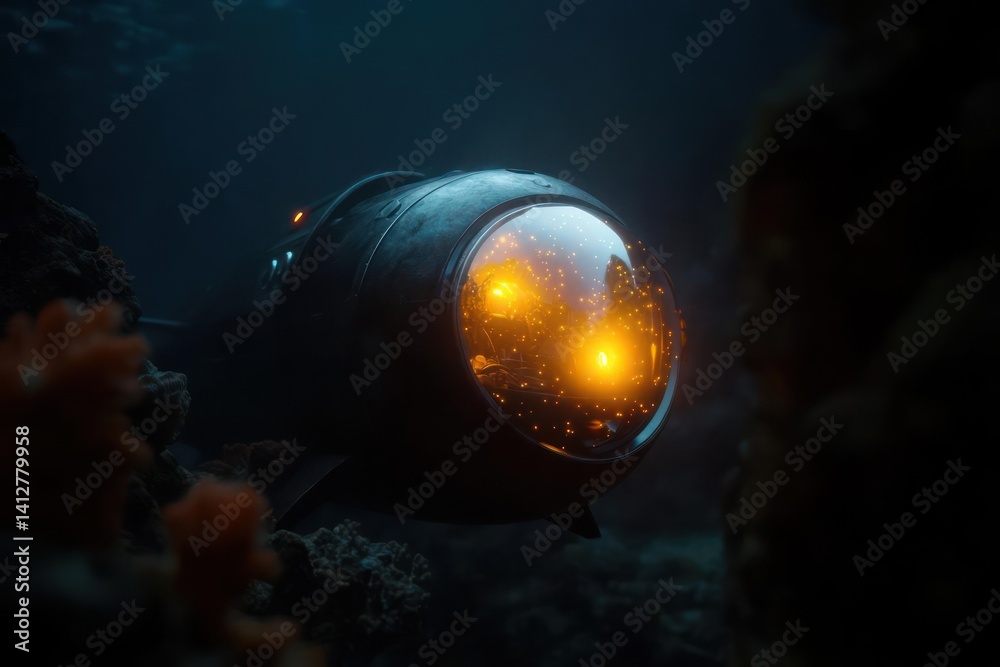 Poster a deep sea submersible with a bright orange glow from its interior navigates through a dark blue und