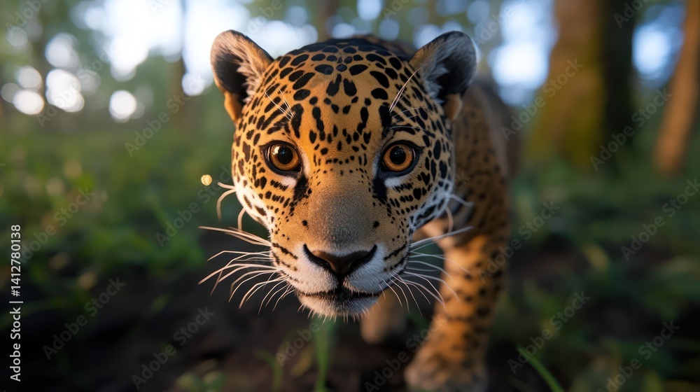 Aufkleber a close-up view of a jaguar in a lush, green environment. the jaguar is facing the camera, its spott