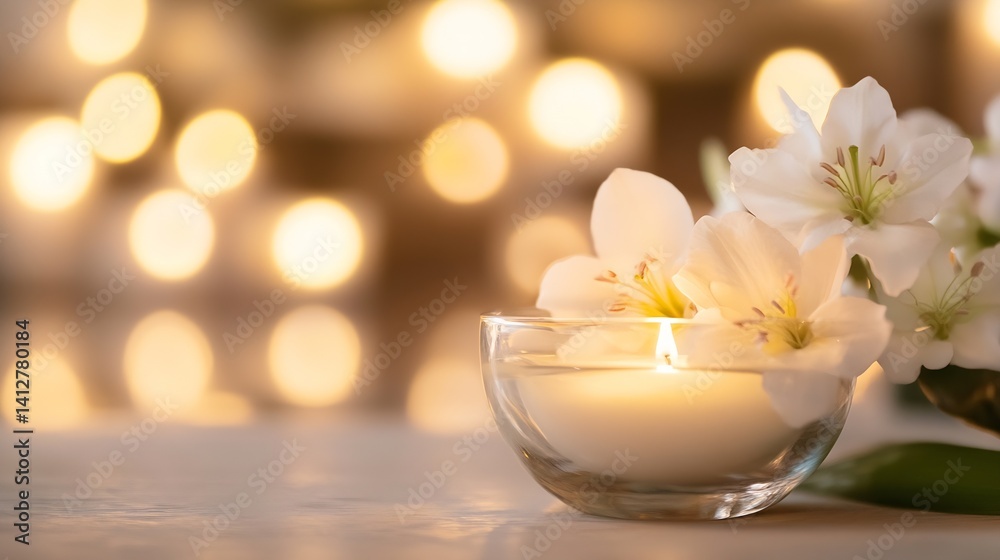 Poster soothing candlelight and fresh white flowers creating a peaceful and romantic atmosphere : generativ