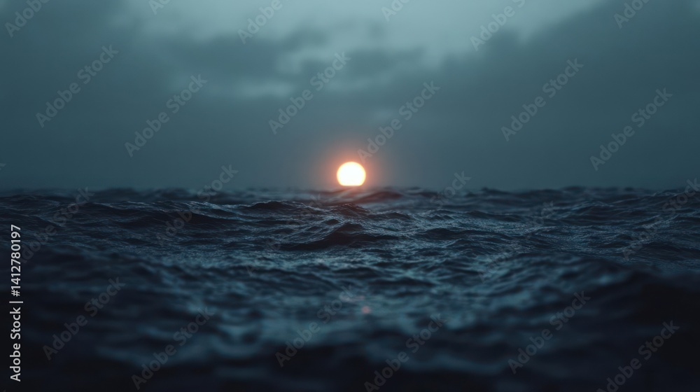 Poster Moody ocean view under an overcast sky with a softly glowing sun on the horizon, deep teal waters and grey clouds convey a sense of tranquility and the vastness of the sea, captured with a calm and