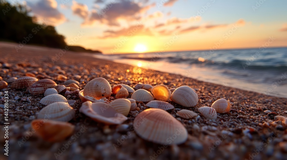 Poster close-up of seashells scattered on a sandy beach at sunset, creating a warm, serene atmosphere. the 