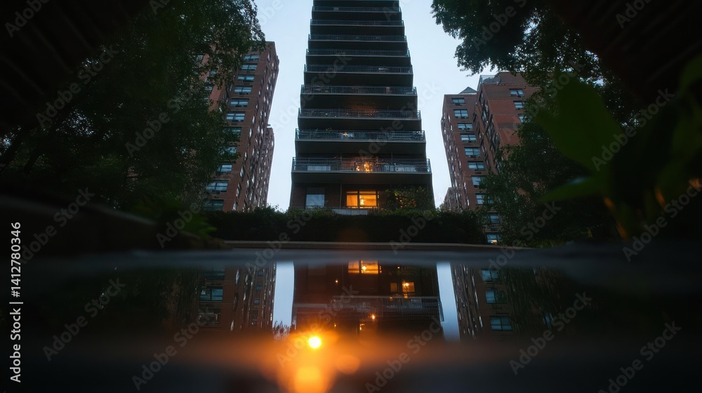 Poster captured from a low angle, the image showcases brick apartment buildings during twilight, reflected 