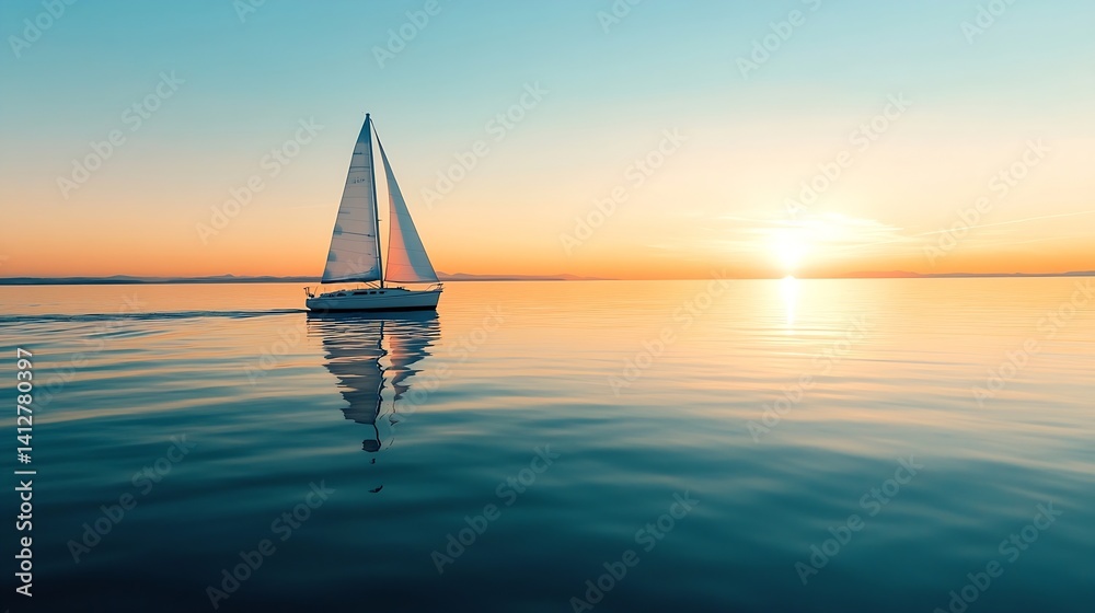Poster serene sailboat gliding on calm water with stunning sunset reflection creating peaceful atmosphere :