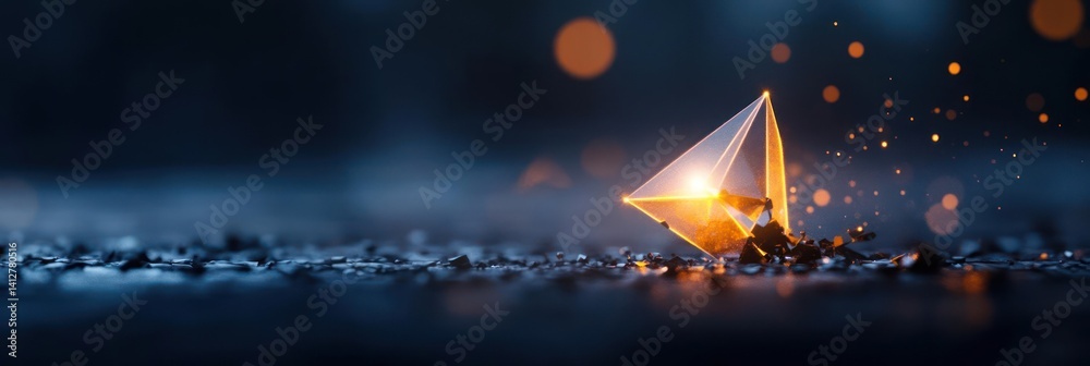 Leinwandbilder a luminous golden geometric crystal glows on a textured dark surface with soft bokeh lights in the b