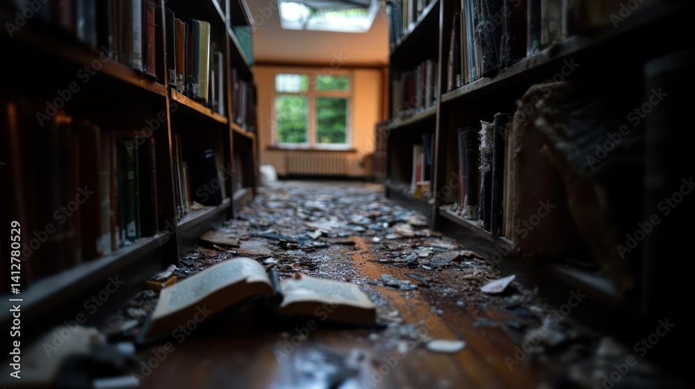 Poster eye-level shot through rows of bookshelves in a dilapidated library, featuring damaged books and deb