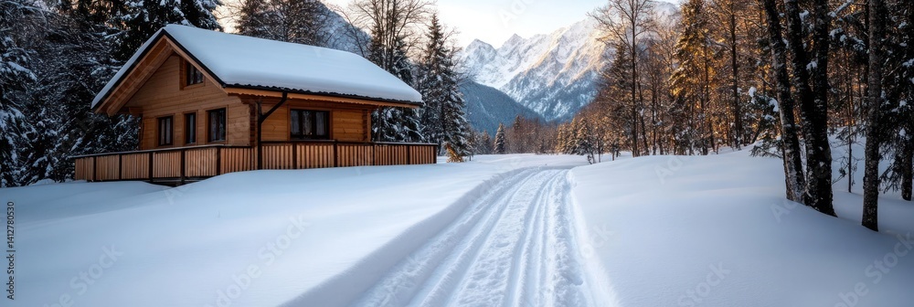 Poster winter scene featuring a wooden cabin nestled in a snowy landscape. a snow-covered path leads toward