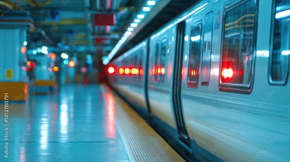 Poster a train car sits at a platform with an out of focus background highlighting the red tail lights. the
