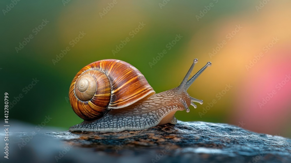 Poster Detailed macro shot captures a snail with a brown patterned shell crawling on a wet, dark surface. The blurred background features vibrant colors of green and pink, adding depth to the nature scene