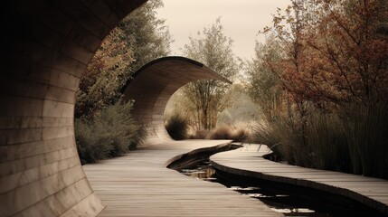 Naklejka premium Japandi style garden with curved wood tunnels, blossom accents, natural architecture, minimal walkway of wooden slats, tranquil stream, and immersive design focusing on balance, stillness, and harmony