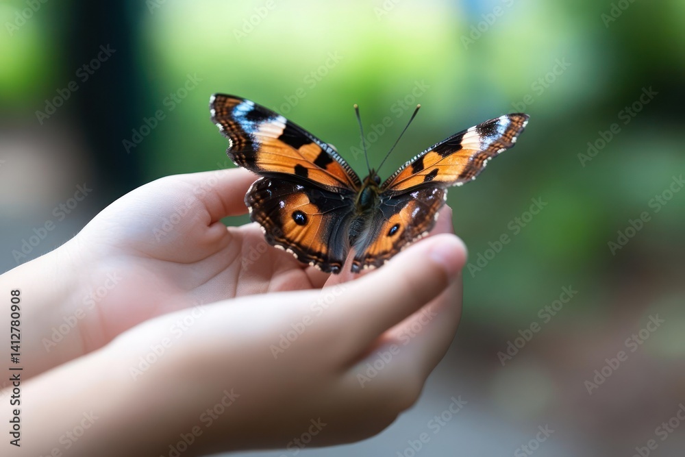 Poster Close up capturing a vibrant butterfly resting on a child's open hands. The butterfly displays orange, black, and white patterns. The background is softly blurred, suggesting a garden with green