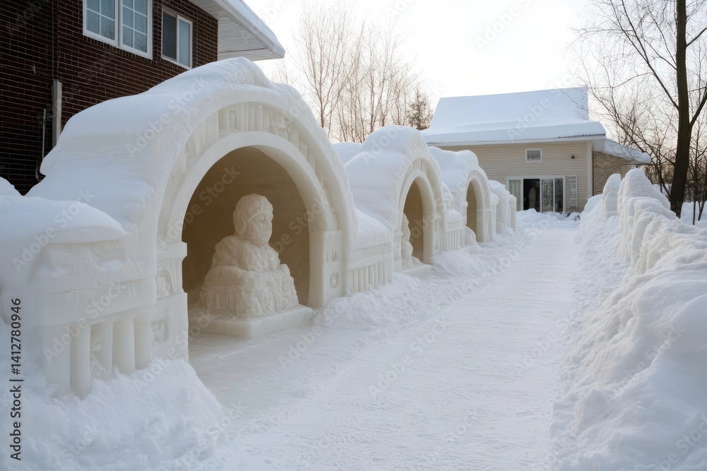 Poster detailed outdoor shot features an ice sculpture of a person under multiple archways, alongside snow 