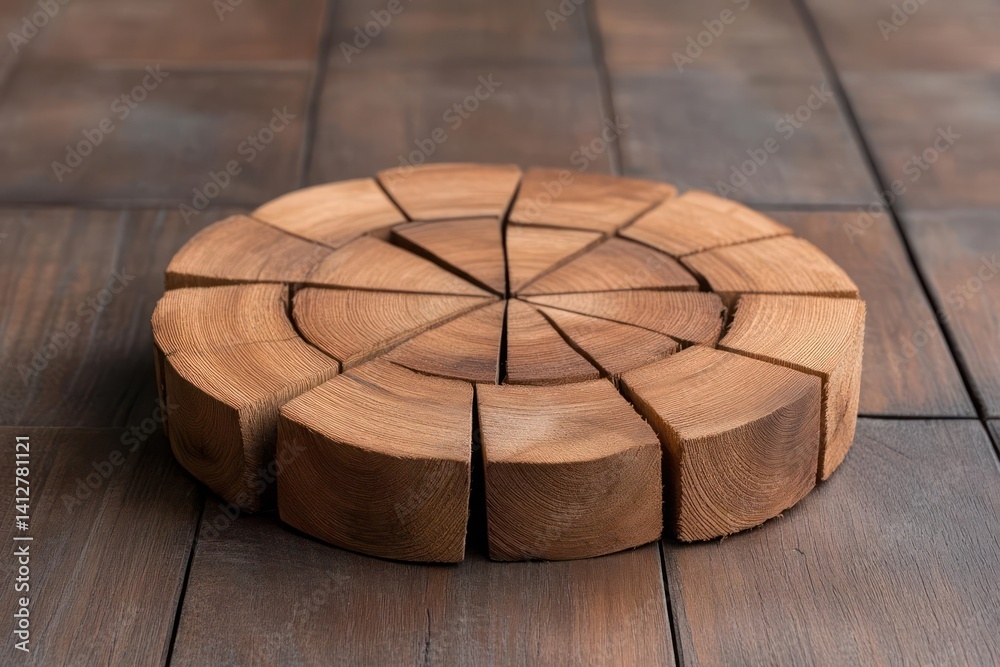 Fototapete An arrangement of wood pieces forms a circular shape atop a wooden surface, creating a rustic and textured visual. The individual wood segments showcase unique grain patterns, highlighted by natural