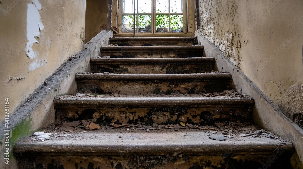 Poster abandoned staircase leading to a dusty window with scattered foliage in a dilapidated building : gen