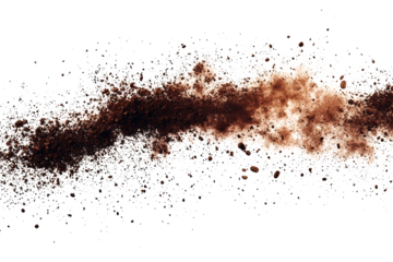 Ground coffee particles unevenly dispersed on a pure white surface, perfect for PNG transparency.