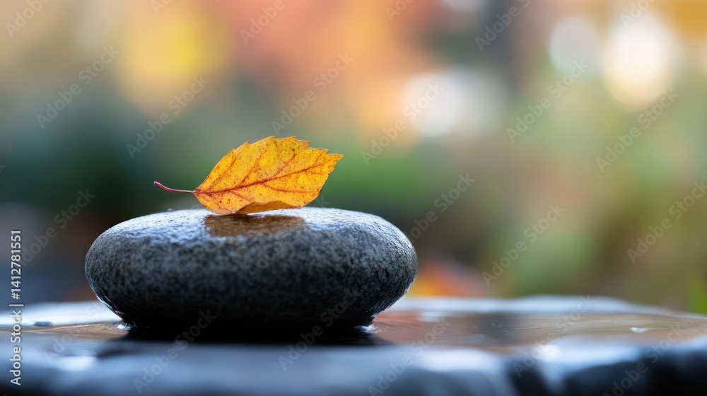 Poster close-up of an orange leaf with red veins resting on a smooth gray stone, glistening with moisture. 
