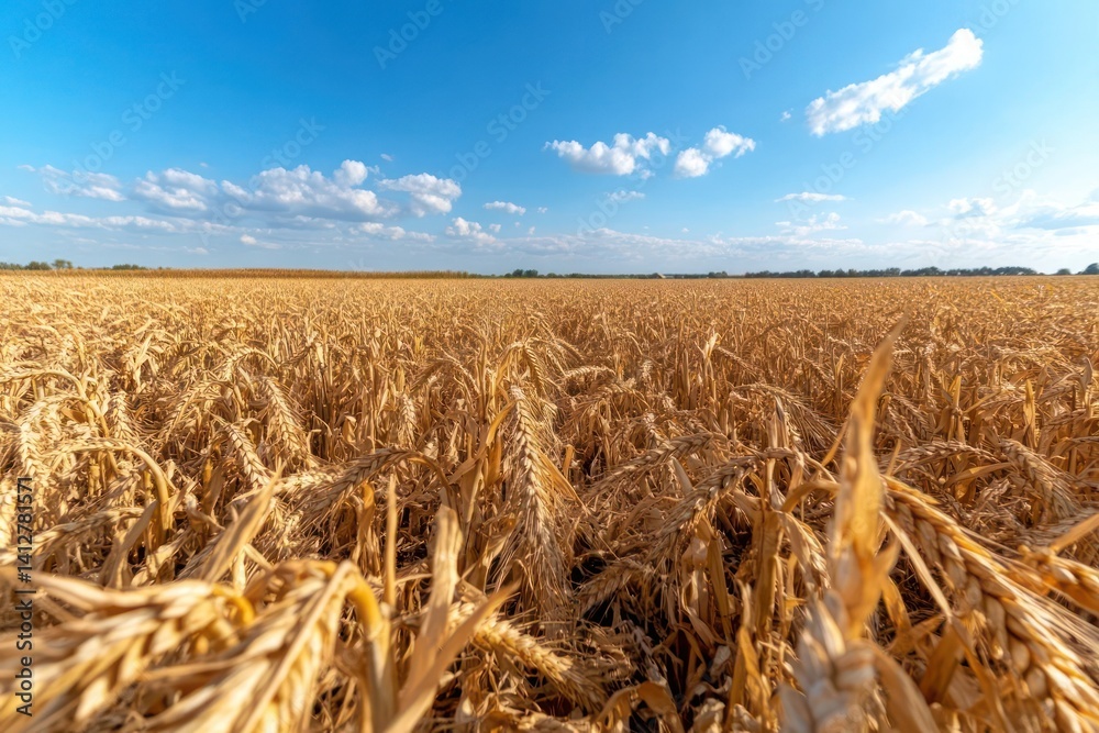 Poster golden wheat field stretches to the horizon under a blue sky with scattered clouds. the foreground f
