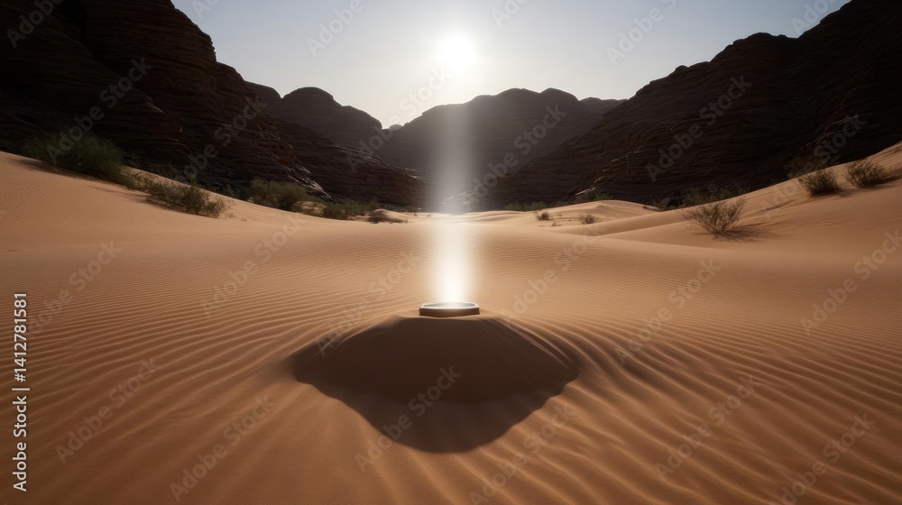 Aufkleber a surreal desert landscape featuring a glowing cylindrical object emitting a beam of light against a