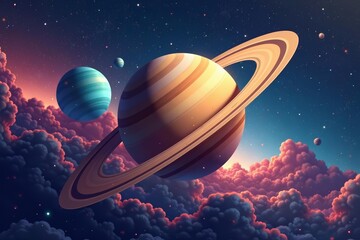 Naklejka premium Illustration of Saturn's iconic rings in outer space with stars and planets, science, saturn, astronomy
