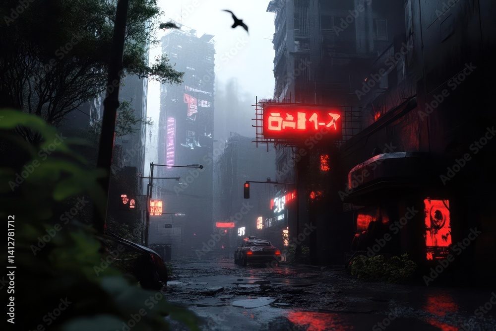 Aufkleber Rainy urban scene featuring glowing red signage against a backdrop of tall buildings and lush foliage. A single bird flies overhead adding a dynamic element to the image