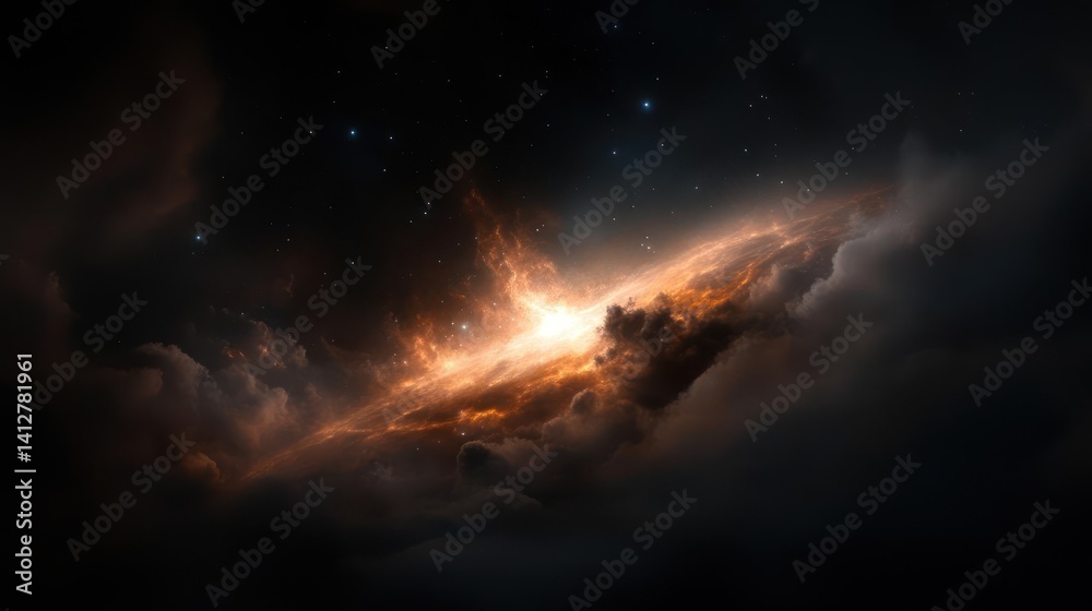 Leinwandbilder dramatic space image featuring a vibrant orange nebula enveloped by dark, swirling clouds and scatte