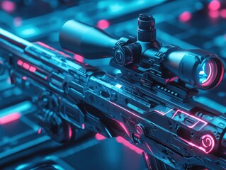 Fototapeta premium Futuristic Weapon in Digital Realm: A high-tech sniper rifle, with sleek design and advanced optics, is showcased against a backdrop of a futuristic digital landscape.