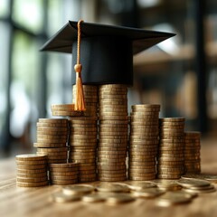 Education and financial success, symbolized by stacked coins topped with a graduation cap