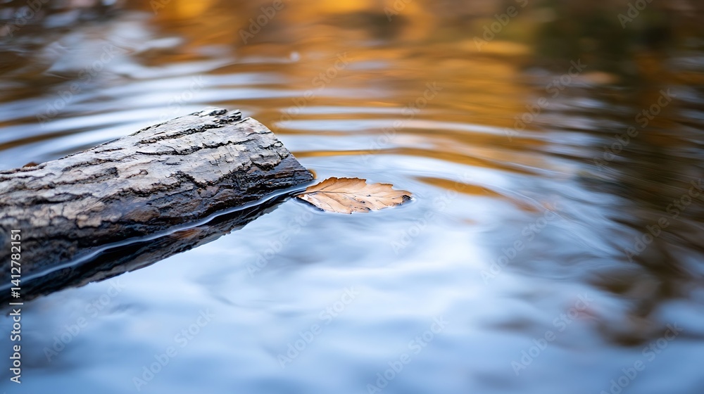 Aufkleber tranquil autumn scene with leaf floating on calm water surface surrounded by natural reflections : g