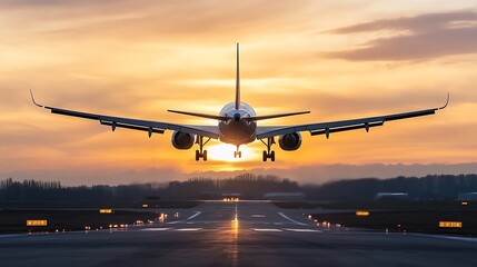 Naklejka premium Airplane Taking Off Against a Stunning Sunset Sky with Colorful Clouds on the Horizon : Generative AI