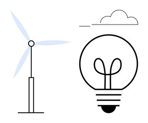 Simple wind turbine next to a light bulb under a minimalistic cloud. Ideal for sustainability, renewable energy, green innovation, clean technology, eco-friendly solutions, energy efficiency, flat
