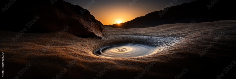Aufkleber a rugged digital art landscape features a circular pool reflecting a bright sunset between dark moun