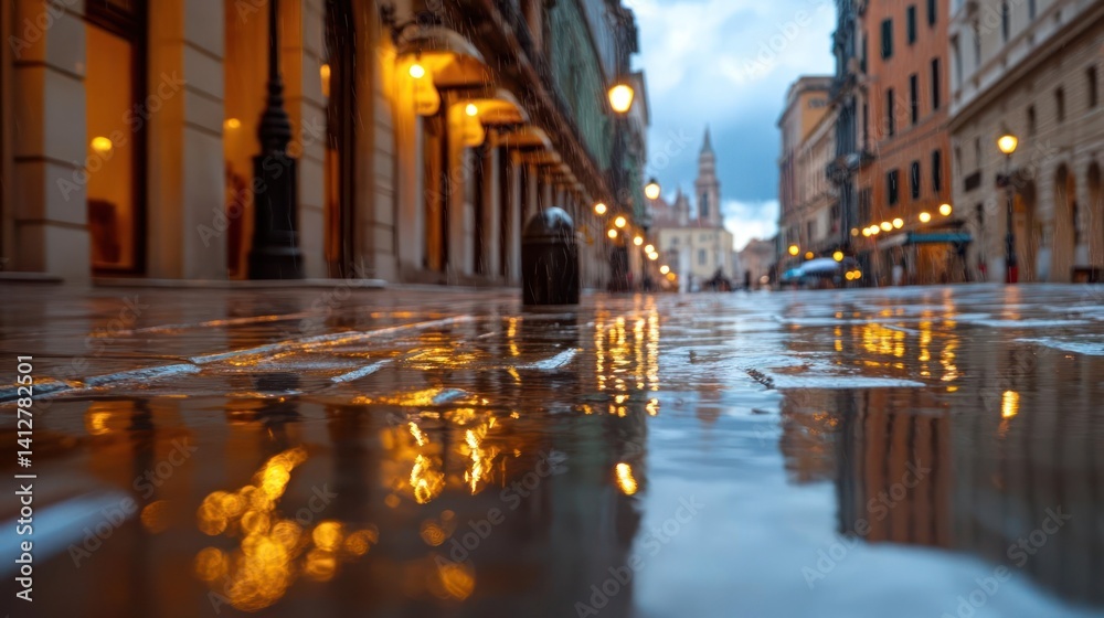 Aufkleber wet street view at night with blurry lights reflections on the ground. background shows tall buildin