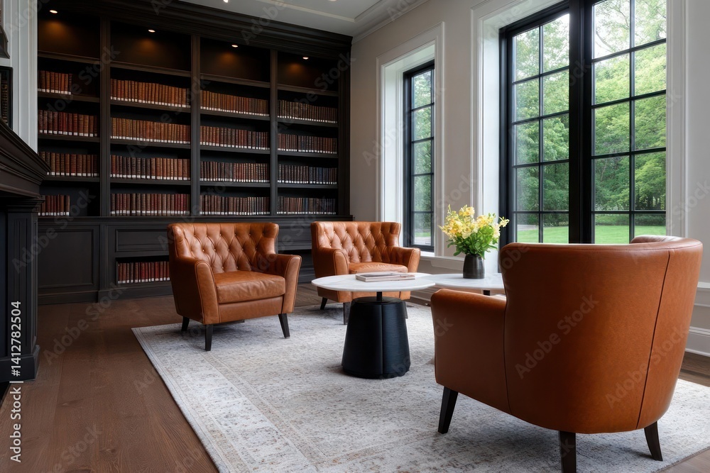 Poster sophisticated library featuring three tufted leather armchairs arranged around a marble-topped coffe