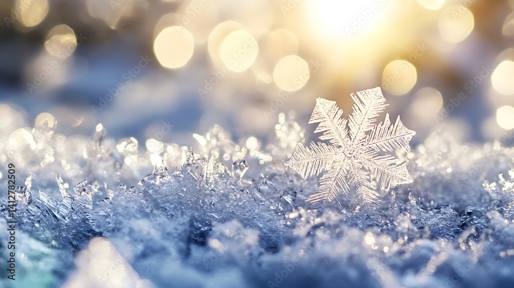 Aufkleber Intricate Snowflake on Ice Reflecting Sunlight with Glimmering Background : Generative AI